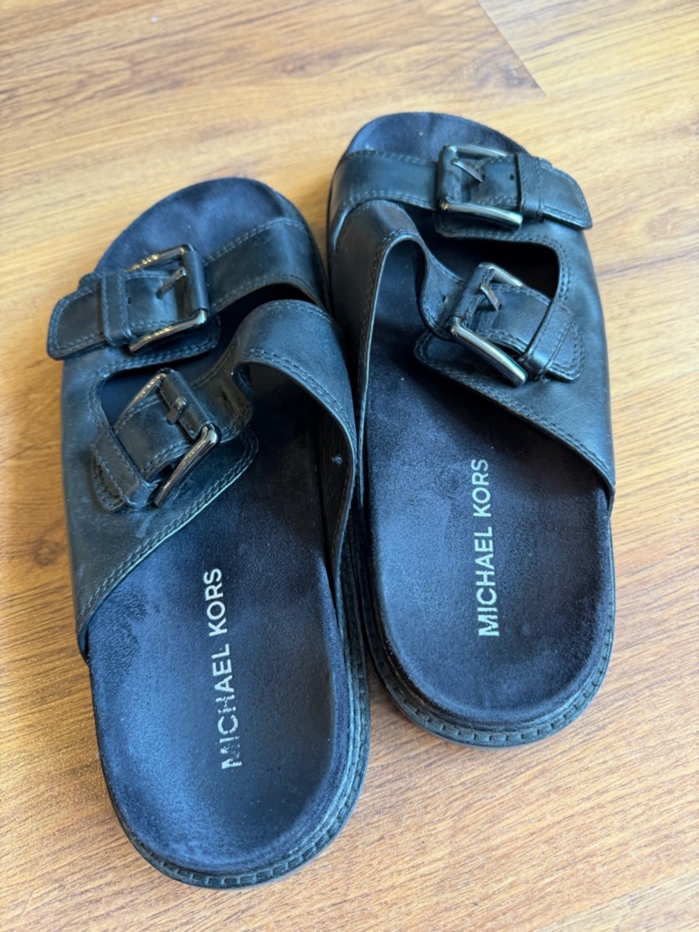 Michael Kors Black Leather Double-Buckle Slide Sandals - Picture 2 of 5